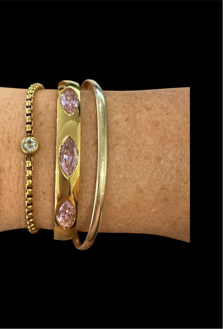 Gold Oval Bracelet Cuff with Pink Stones