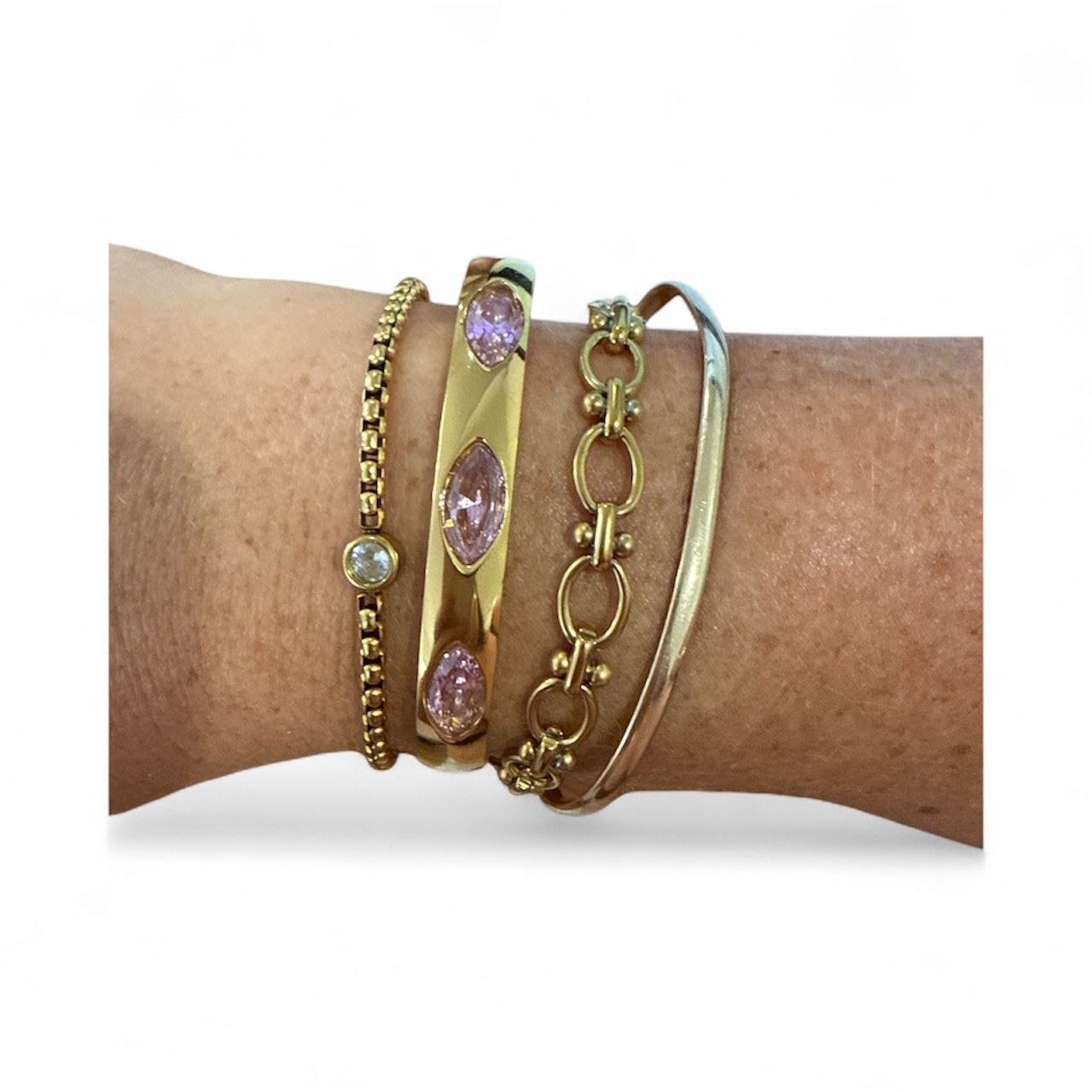 Gold Oval Bracelet Cuff with Pink Stones